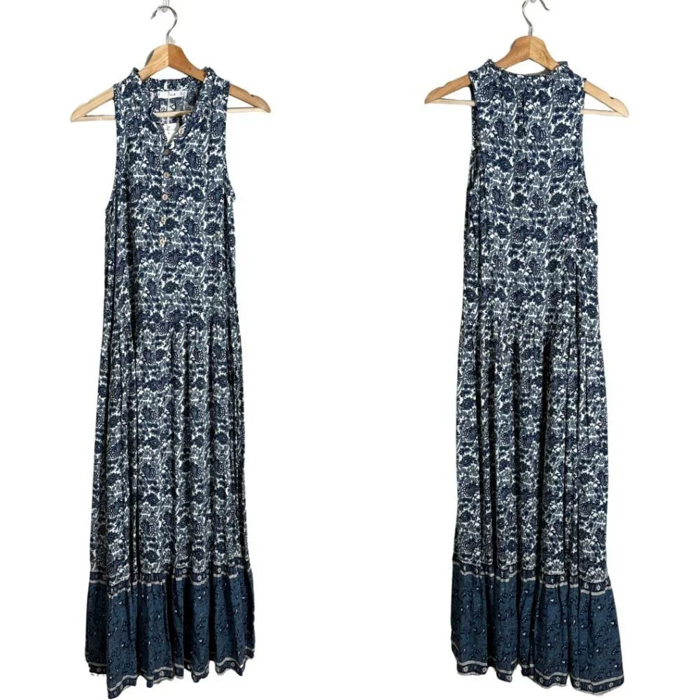 Mango Floral Paisley Print Button Up Tiered Maxi Dress Women's 2 Blue White NWT